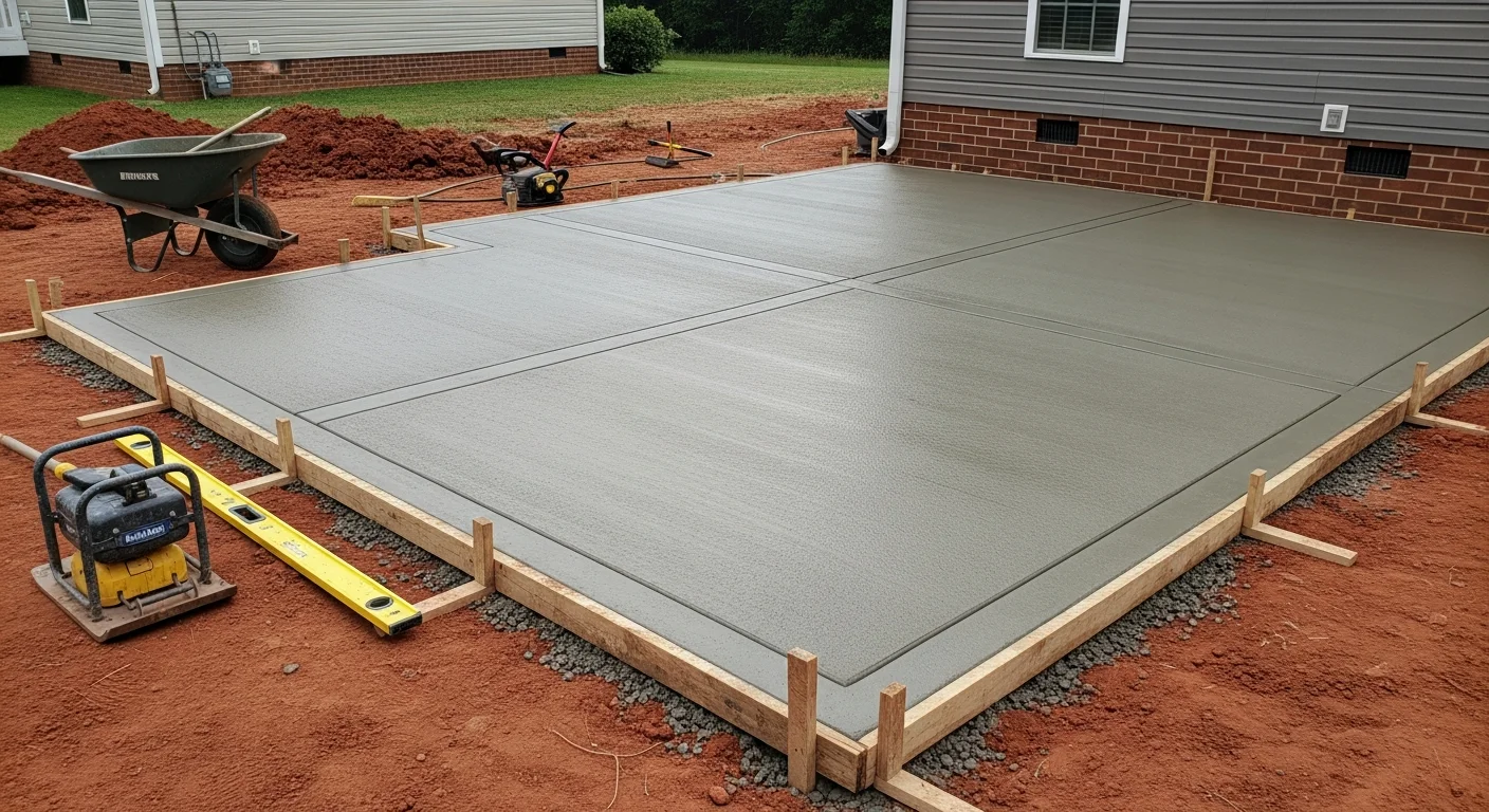 A freshly installed broom-finish concrete patio in a residential backyard in Fuquay-Varina, NC, with clean edges and a slight slope for drainage. The slab extends from the rear of a single-family home toward an open yard area.