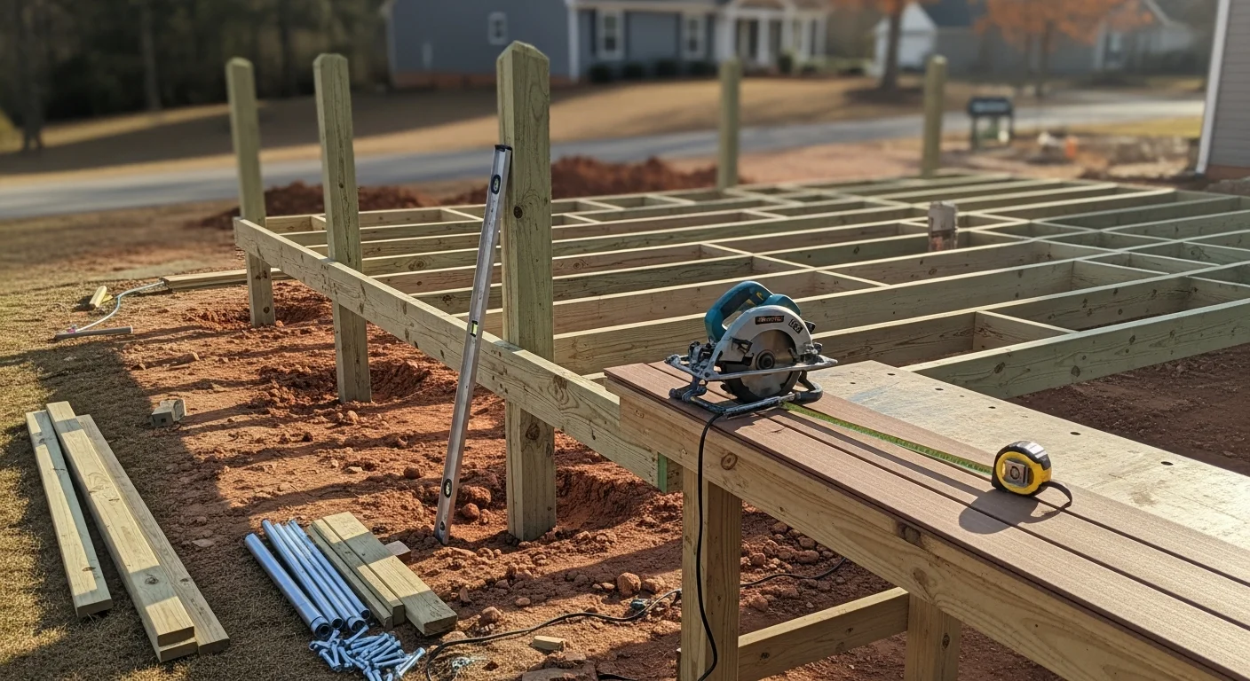A newly built custom deck attached to a residential home in Fuquay-Varina, NC, featuring clean framing, a wood or composite deck surface, and a railed perimeter overlooking a grassy backyard. The structure shows level boards, secure post footings, and a finished stair landing suited to a Wake County residential lot.