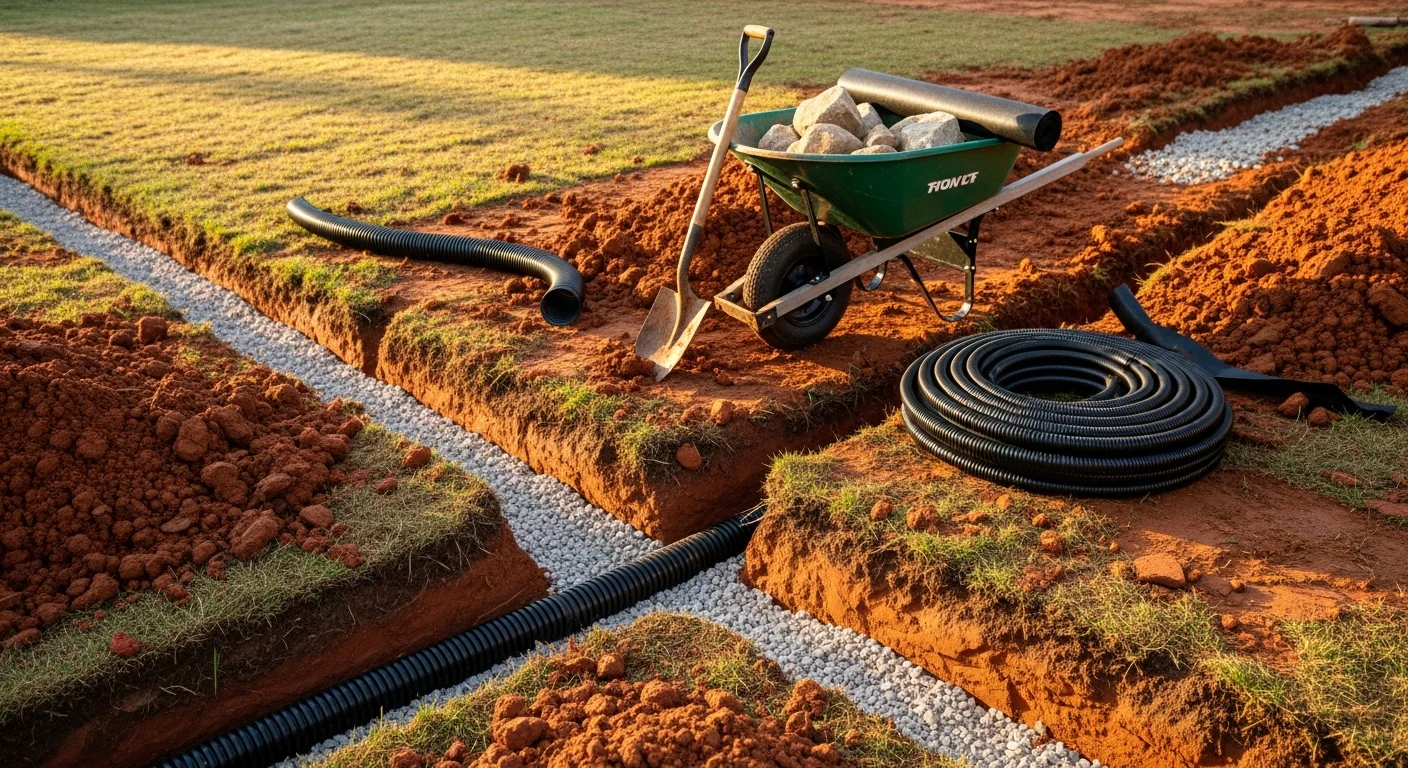 A newly installed French drain running along the edge of a residential backyard in Fuquay-Varina, NC, with gravel-filled trench and perforated pipe visible before final grading. The surrounding lawn shows no standing water following a recent rain.