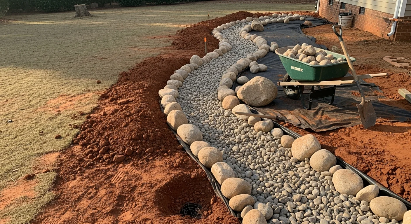 A stone-lined dry stream bed installed in a residential backyard in Fuquay-Varina, NC, curving through a sloped lawn toward a planted border. The channel is filled with layered natural rock and sits flush with the surrounding turf, showing no standing water after a recent rain.