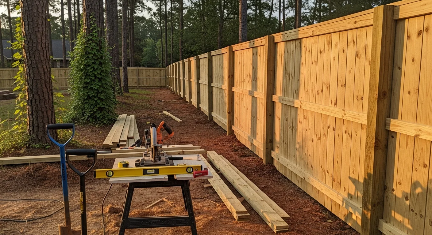 A newly installed wood privacy fence running along the backyard perimeter of a residential property in Fuquay-Varina, NC. The fence panels are evenly spaced with a two-inch ground clearance, set against a green lawn on a clear day.