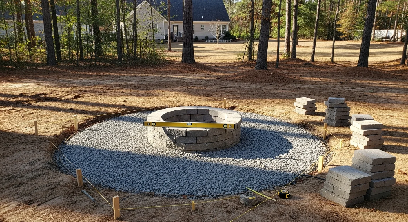 A completed custom fire pit installed in a Fuquay-Varina backyard, surrounded by a paver patio and outdoor seating. The fire pit features a stone surround and sits at a safe clearance distance from the home's rear structure.