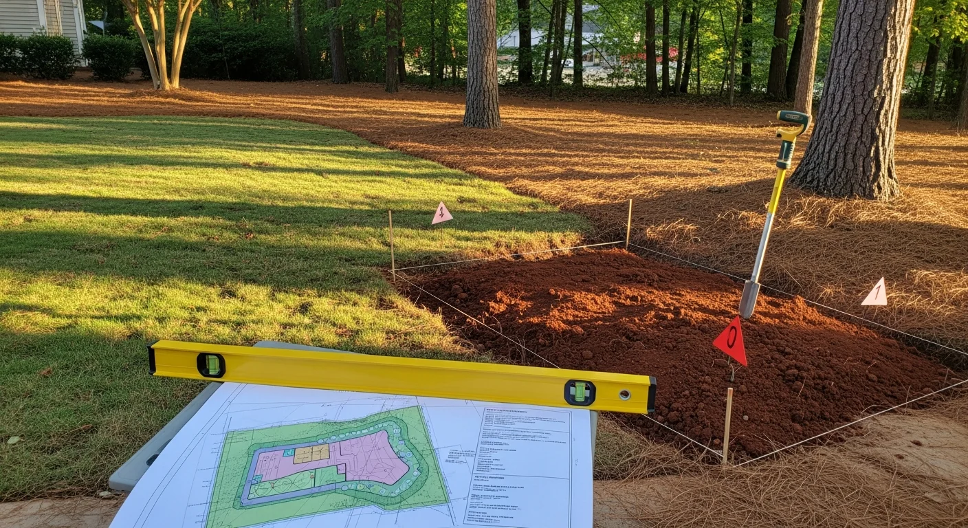 Custom landscape design installed at a residential property in Fuquay-Varina, NC, showing defined planting beds, structured lawn zones, and a backyard layout designed by Paradise Backyards LLC. The design reflects the rolling terrain and newer home construction common in the Fuquay-Varina area.