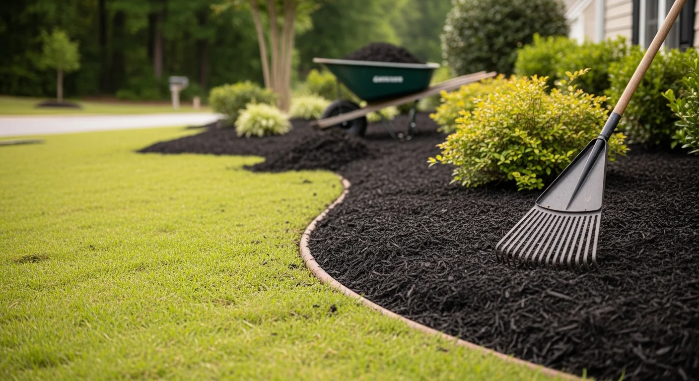 Freshly installed mulch covering a residential garden bed in Fuquay-Varina, NC, with clean-edged borders separating the bed from a green lawn. A Paradise Backyards LLC crew member smooths the mulch layer around established shrubs in front of a suburban home.