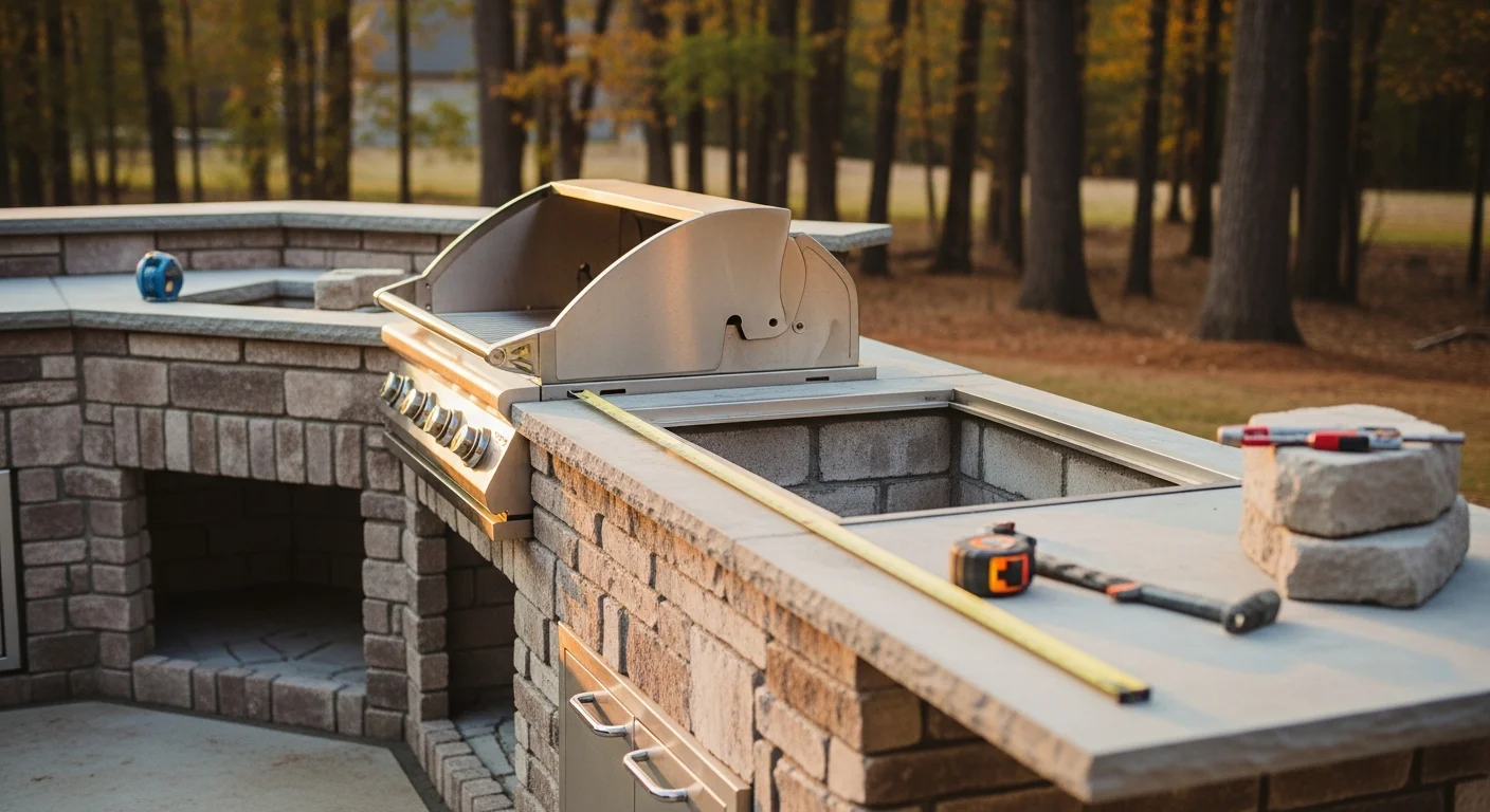 A completed custom outdoor kitchen installation in a Fuquay-Varina, NC backyard, featuring a built-in grill, countertop workspace, and storage set on a paved patio. The kitchen is positioned adjacent to a landscaped yard with a residential home visible in the background.