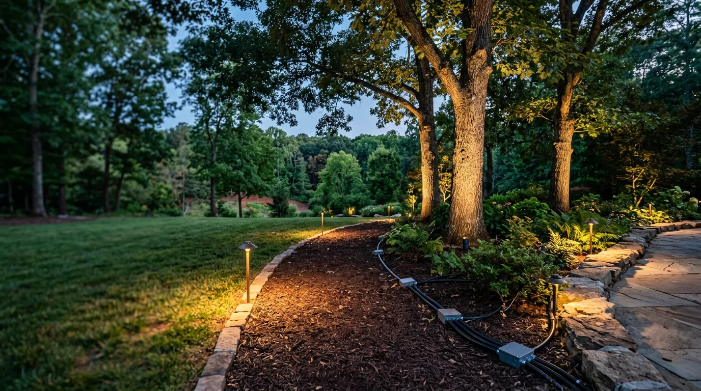 Professionally installed outdoor landscape lighting in a Cary, NC backyard, with warm uplighting on mature trees and path lights lining a paver walkway at dusk. The illuminated space shows a patio area ready for evening use surrounded by North Carolina Piedmont-style landscaping.