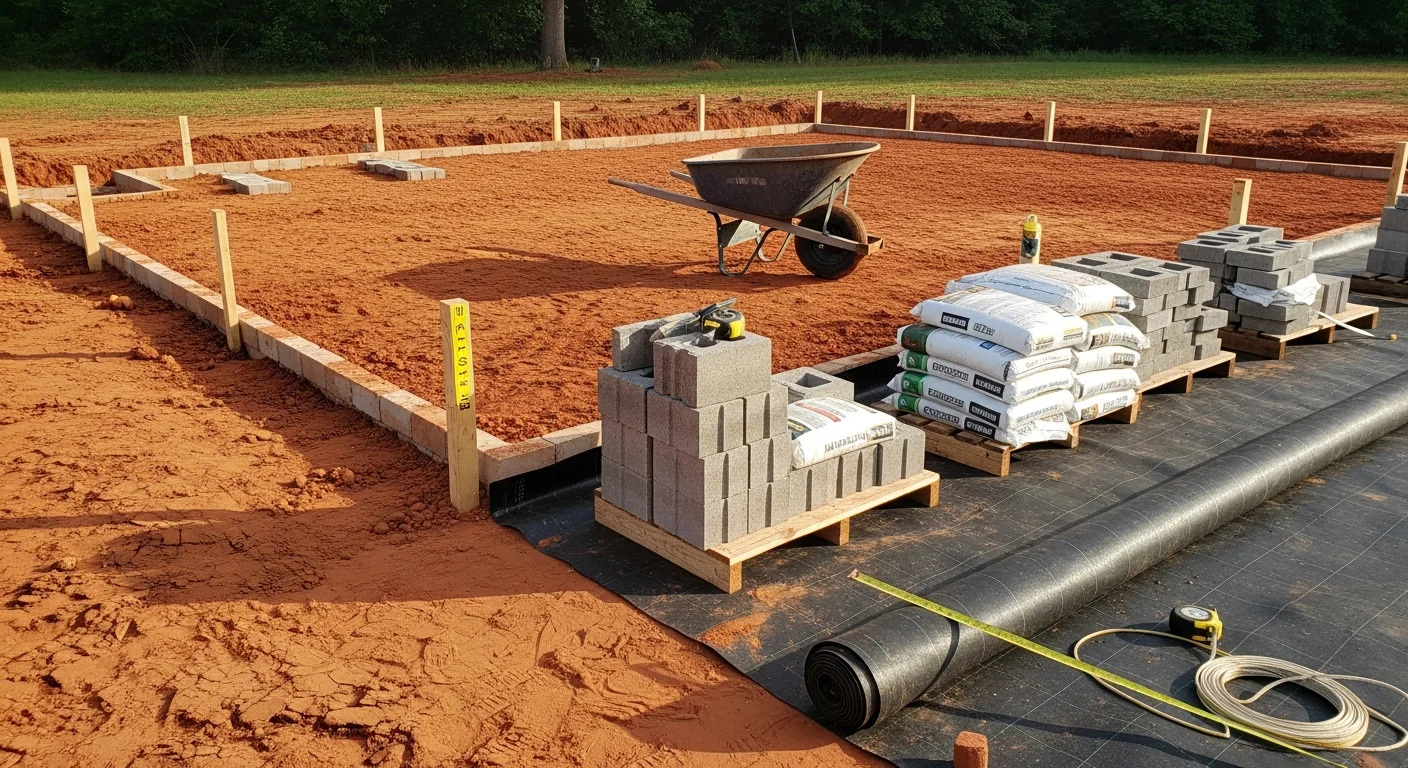 A newly installed backyard patio at a single-family home in Fuquay-Varina, NC, showing a level surface with clean edges and a graded yard surrounding it. The patio connects directly to the rear of the home and is sized for outdoor dining and seating.