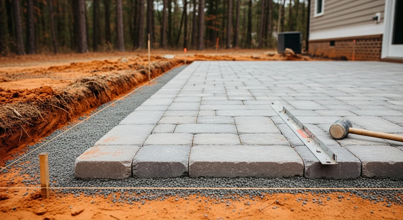 Completed paver patio installation in a Fuquay-Varina, NC backyard, showing a level interlocking paver surface with clean joint lines and graded edges. The patio connects to a rear door and extends into an open outdoor living area on a residential lot.