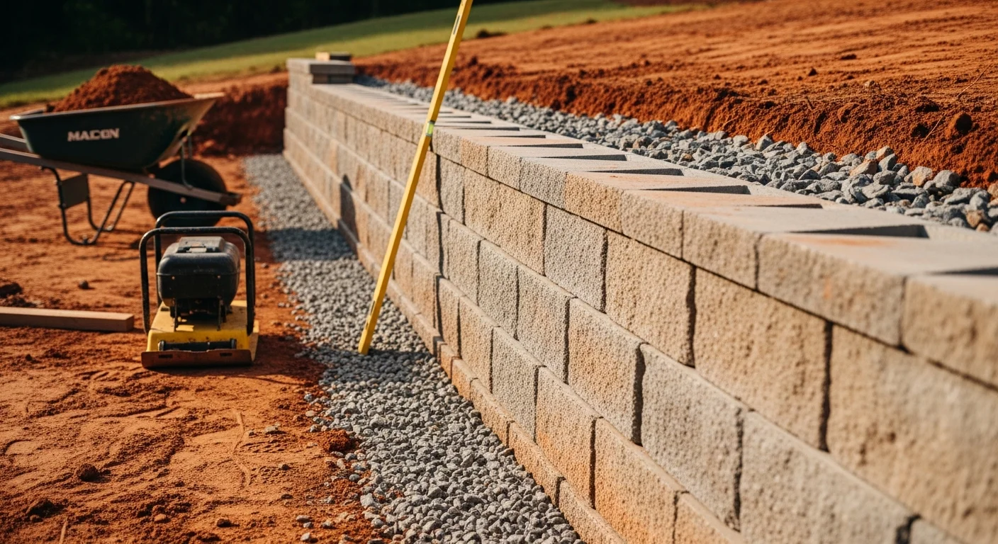 A finished retaining wall built from stacked stone holding back a sloped residential yard in Fuquay-Varina, NC, with a level lawn area created above the wall. The wall runs along the rear of the property with a clean base edge and compacted backfill visible on the uphill side.