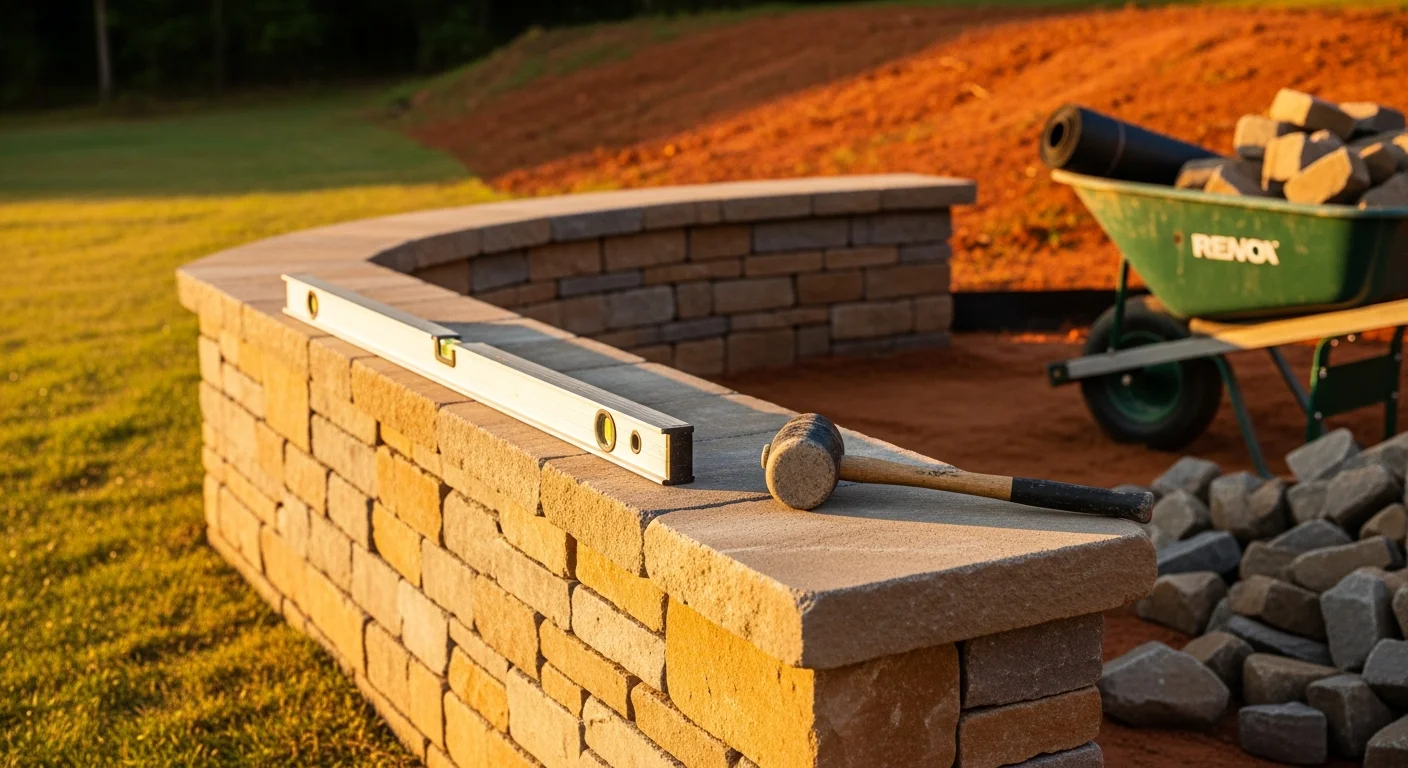 A finished stone seating wall bordering a backyard patio in Fuquay-Varina, NC, with clean cap stones and an open lawn behind it. The wall is built low enough for comfortable seating and connects to the patio edge on both sides.