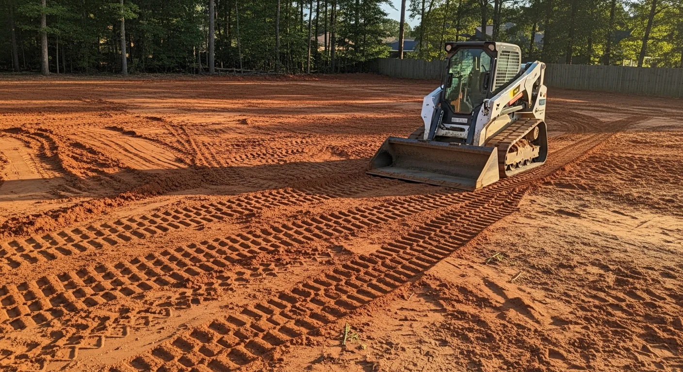 A residential backyard lot in Fuquay-Varina, NC after site preparation, showing freshly graded and compacted soil cleared of vegetation and debris. The leveled ground is ready for hardscape or lawn installation on a suburban property.