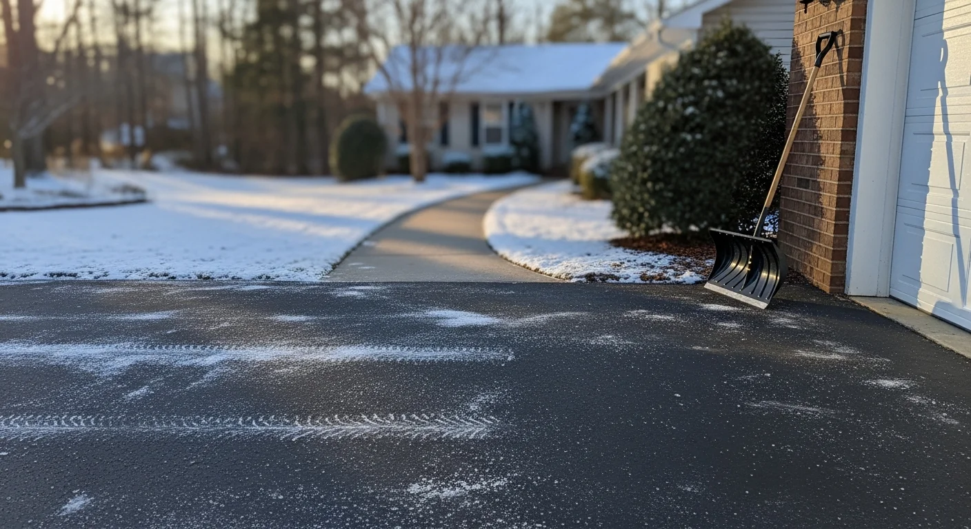 A cleared residential driveway and front walkway after a snow event in Fuquay-Varina, NC, with ice treatment applied to the entry path. Snow is pushed to the edges of the property, leaving a clean, safe surface leading to the front door.