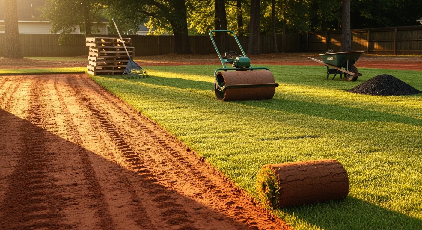 Freshly installed green sod rolls laid across a graded residential backyard in Fuquay-Varina, NC, with clean seam lines and prepped soil visible at the edges. A single-family home is visible in the background on a clear day.