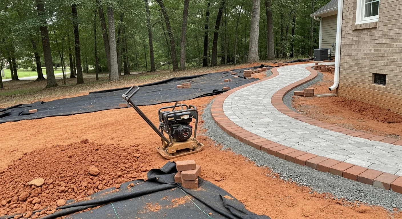A finished stone walkway installed by Paradise Backyards LLC connecting the front entry to the driveway of a single-family home in Fuquay-Varina, NC. The path runs through a landscaped yard with defined planting beds on either side.