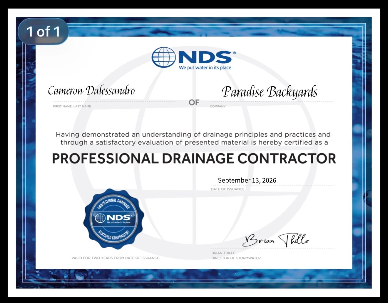 NDS Professional Drainage Certified Contractor Certificate – Paradise Backyards